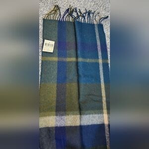 NWT Club Room $125 100% Merino Wool Plaid Scarf 10x64 Blue Green Made In Germany